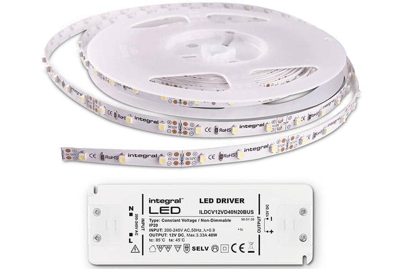 Integral LED 5M CRI 80 Strip and Driver Kit IP33 LED Strip 6500K 6W/M 40W (12V) IP20 LED driver included - LED Direct