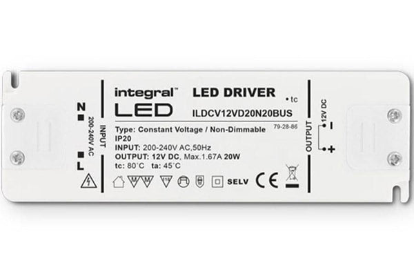 Integral LED IP20 20W Constant Voltage LED Driver, 200-240VAC to 12VDC, Non-Dimmable - LED Direct