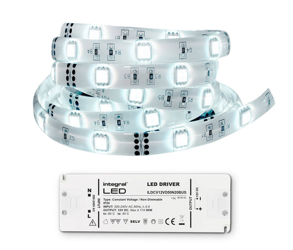 Integral LED 5M CRI 80 Strip and Driver Kit IP33 LED Strip 6500K 6W/M 40W (12V) IP20 LED driver included - LED Direct
