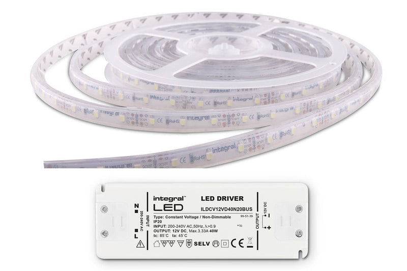 Integral LED 5M CRI 80 Strip and Driver Kit IP67 LED Strip 3500K 6W/M 40W (12V) IP20 LED driver included - LED Direct