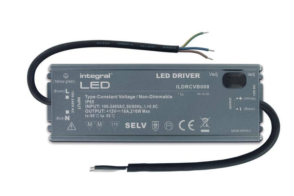 Integral LED IP65 216W Constant Voltage LED Driver, 100-240VAC to 12VDC, Non-Dimmable - LED Direct
