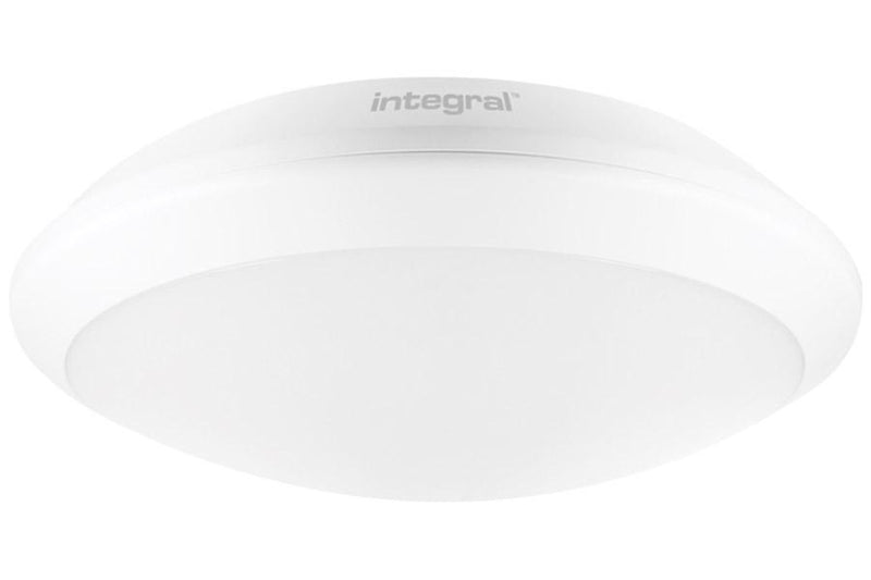 Integral LED Tough-Shell+ Bulkhead (White) 308mm 15W 4000K 1400lm with integrated 3hr Emergency and Microwave Sensor with side conduit entry - LED Direct