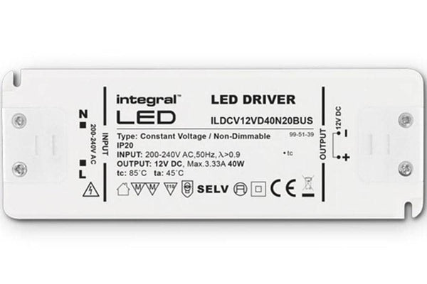 Integral LED 40W Constant Voltage LED Driver, 200-240VAC to 12VDC, Non-Dimmable - LED Direct