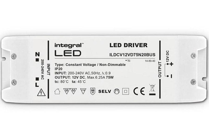 Integral LED 75W Constant Voltage LED Driver, 200-240VAC to 12VDC, Non-Dimmable - LED Direct