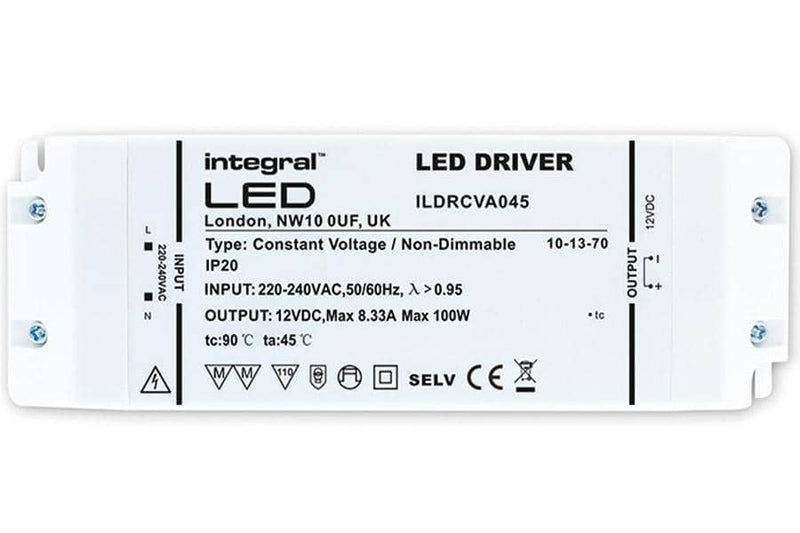 Integral LED IP20 100W Constant Voltage LED Driver, 220-240VAC to 12VDC, Non-Dimmable - LED Direct