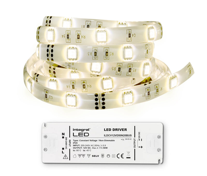 Integral LED 5M CRI 80 Strip and Driver Kit IP33 LED Strip 3000K 6W/M 40W (12V) IP20 LED driver included - LED Direct