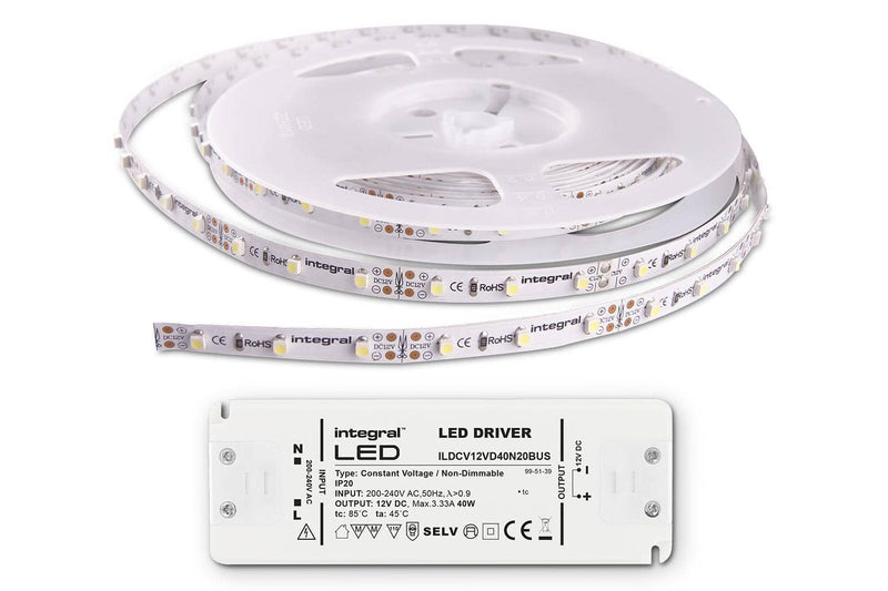 Integral LED 5M Strip and Driver Kit IP20 LED Strip 4000K 6W per metre 40W (12V) IP20 LED driver included - LED Direct