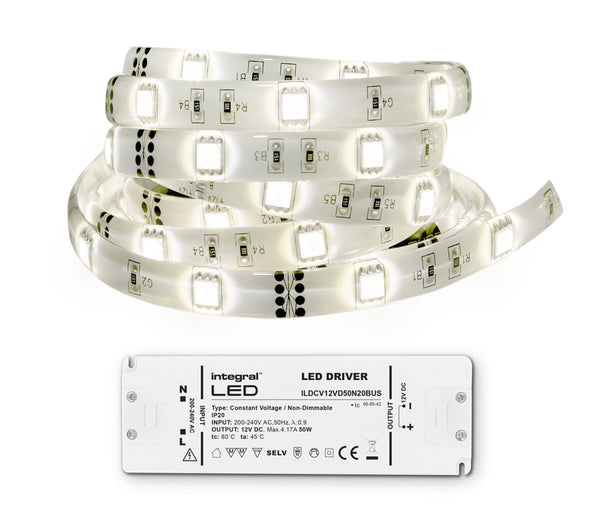 Integral LED 5M Strip and Driver Kit IP20 LED Strip 4000K 6W per metre 40W (12V) IP20 LED driver included - LED Direct